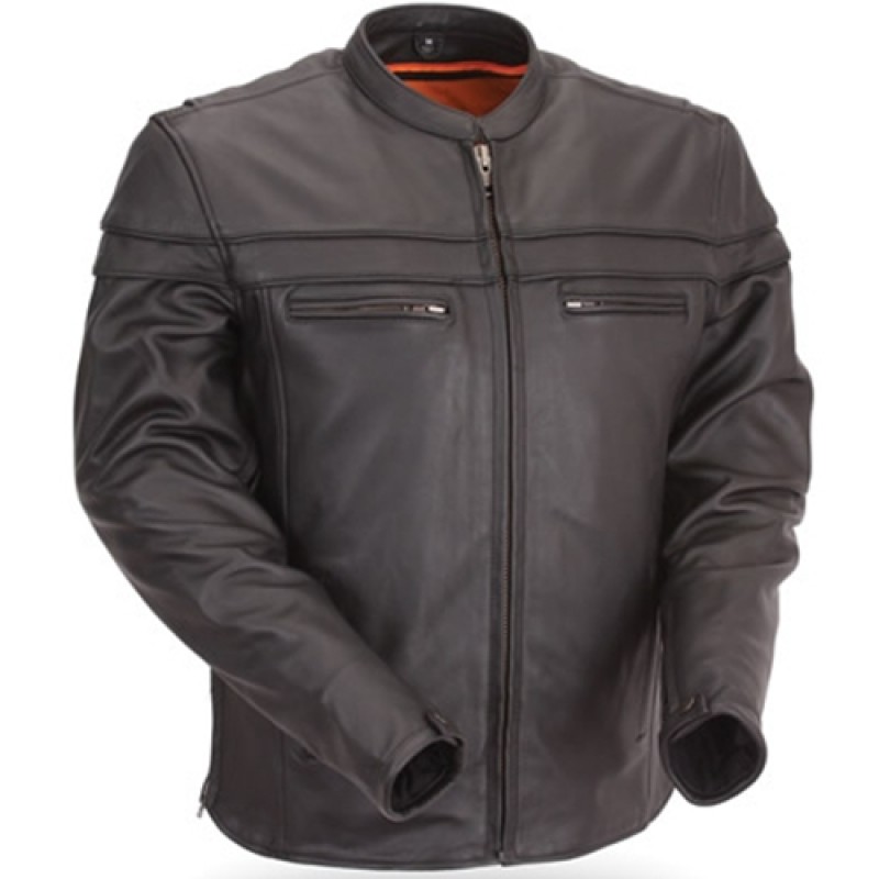 Men S Black Leather Motorcycle Jacket With Mandarin Collar